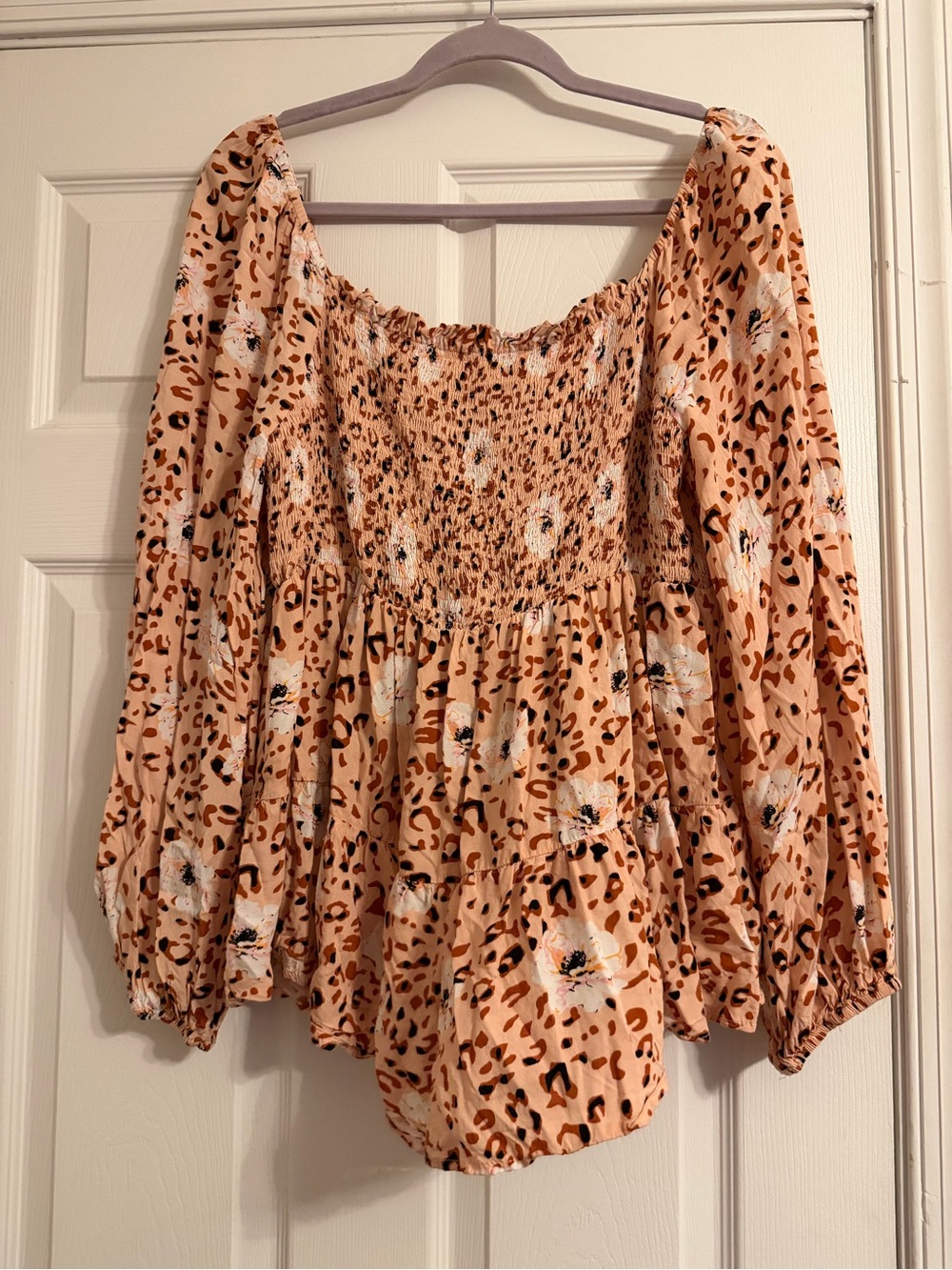Smocked Peach Floral & Leopard Print Peasant Top